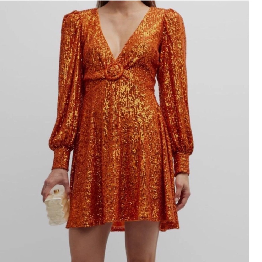 ONE33 Social Orange Sequin V-Neck Mini Dress Ring Detail MK4696 Size 6